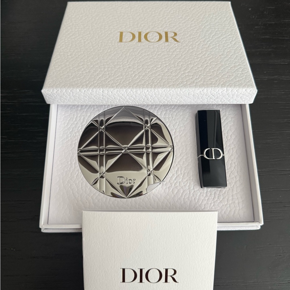 Dior Silver Compact Mirror and Red Lipstick Set